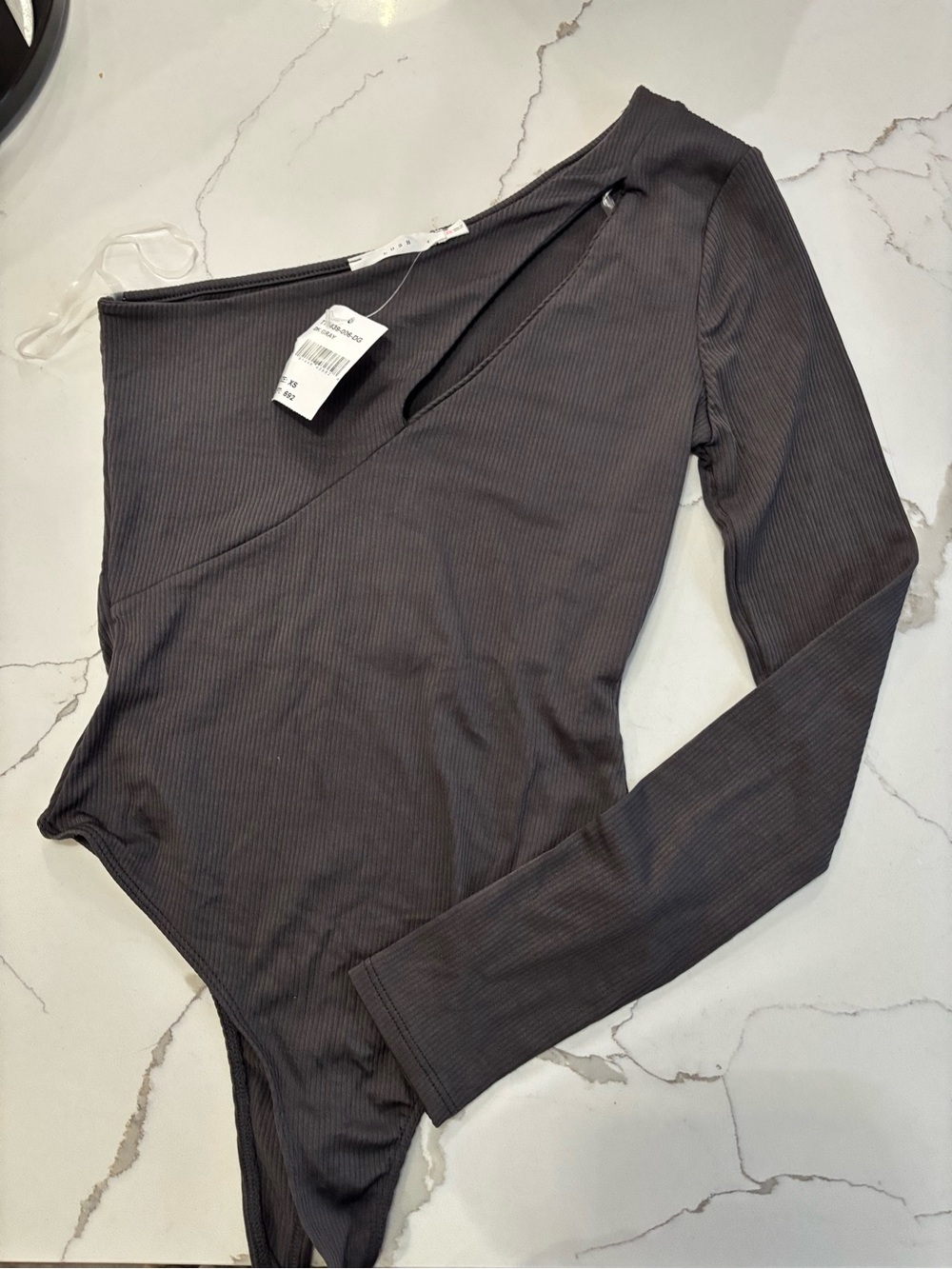 LUSH Charcoal Ribbed One-Shoulder Long Sleeve Bodysuit